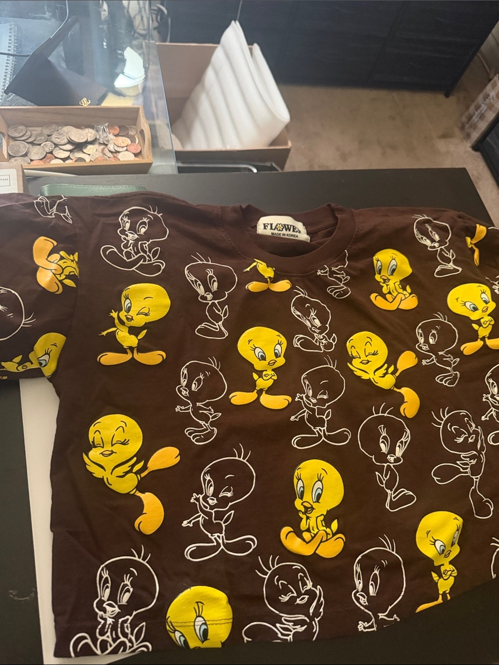 Fashion Brand Company Brown Tee with Yellow Tweety All-Over Print
